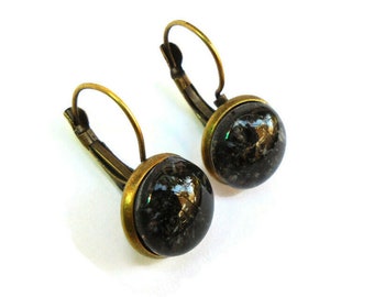 Black Small Earrings -Fused Glass Earrings, Minimalist Jewelry, Gift for her,  Upcycled Stained Glass Leverback Earrings