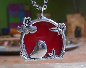 Small Bird Necklace, Red Stained Glass Jewelry, Best Friend Neckalce, Nature lover gift, Dainty Jewelry, Cute Necklace, FAST SHIPPING