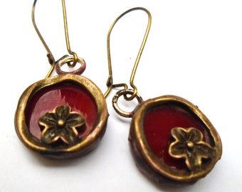 Red Flower Dangle Earrings, Small Earrings, Stained Glass Jewelry, Cute Earrings, Gift for girlfriend, Nature Jewelry, Red Dangles