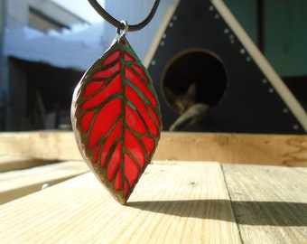 Red Leaf Pendant  Leather Stained Glass Leaf Necklace Nature Jewelry Nature lover gift  Bohemian Jewelry Girlfriend Gift  Nature inspired