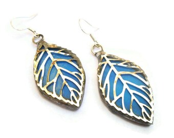 Dangle Leaf Earrings, Stained Glass Leaves, Boho Earrings, Silver Leaves, Long Earrings, Nature Earrings, Leaf Jewelry, Blue Earrings