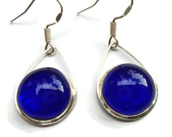 Cobalt Blue Teardrop Earrings, Fused Glass Earrings, Dark blue teardrop earrings, Silver Dangle Earrings, Simple Elegant Earrings