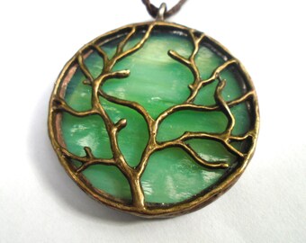 Tree of Life Pendant Stained Glass Pendant Necklace Boho Jewelry Girlfriend gift Contemporary Jewelry Nature Jewelry Green Leather Necklace