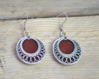 Red Earrings Dangle Stained Glass Earrings Contemporary Jewellery Silver Ethnic Earrings for Women Vintage Wedding Jewelry for Brides Gifts