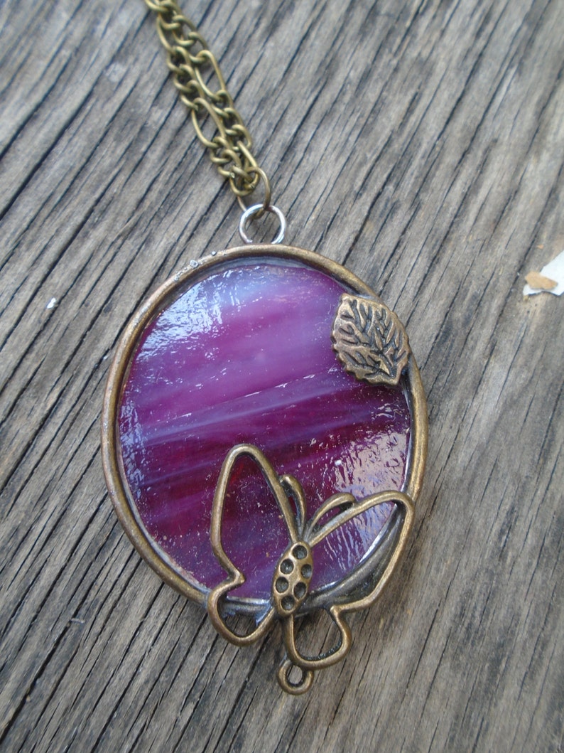 Pink Butterfly Necklace Stained Glass Pendant Necklace Pink Etsy
