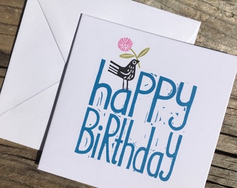 HAPPY BIRTHDAY Greeting Card - Handprinted Card - Original Art Card - Hand Stamped - Lino Card - Turquoise - Bird with Flower