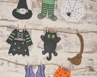 Halloween Witch Washing Line Garland, Embroidered Felt Decorations, Spooky Halloween Bunting