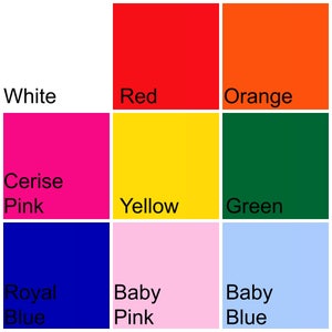 Op de afbeelding: Een kleurenkaart met negen vierkanten die verschillende kleuren tonen. De kleuren zijn wit, rood, oranje, kers roze, geel, groen, koninklijk blauw, baby roze en baby blauw.