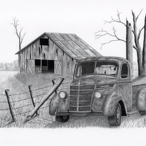 print of my drawing of abandoned truck with fence and old barn