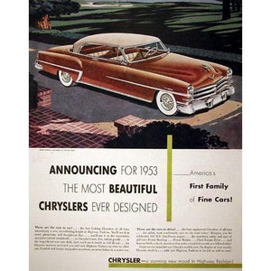 Chrysler wall decoration, Original 10 x 13 inches advertisement  for a 1953 Chrysler, - 10