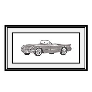 May include: A framed monochrome print of a classic convertible car. The vintage car features a sleek design, white-walled tyres, and a detailed front grille. The artwork is set against a white background.