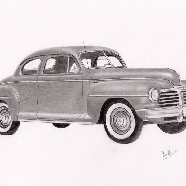 Print of my  pencil drawing of a 1942 Plymouth coupe, Plymouth wall decoration