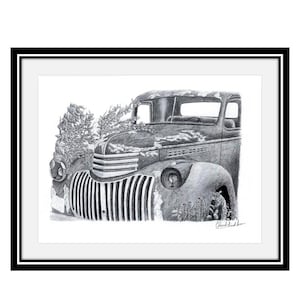 Print of my pencil drawing of an old truck rusting among the leaves