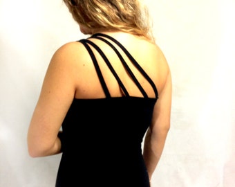 black dress off the shoulder with multiple back straps cotton / spandex