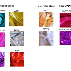Peut inclure: Un tableau pr&eacute;sentant diff&eacute;rentes textures et couleurs de tissus. Le tableau est divis&eacute; en trois sections : Metallic Sheen/Micro Dot Foil, Shattered Glass et Metallic Scales. Chaque section propose une vari&eacute;t&eacute; de couleurs, notamment le noir, le turquoise, l'or, le vert lime, le fuchsia, l'argent, le rouge et le violet.
