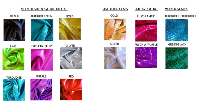 Peut inclure: Un tableau pr&eacute;sentant diff&eacute;rentes textures et couleurs de tissus. Le tableau est divis&eacute; en trois sections : Metallic Sheen/Micro Dot Foil, Shattered Glass et Metallic Scales. Chaque section propose une vari&eacute;t&eacute; de couleurs, notamment le noir, le turquoise, l'or, le vert lime, le fuchsia, l'argent, le rouge et le violet.