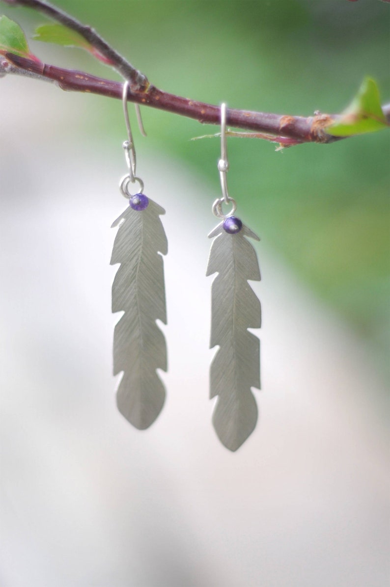 Feather silver earrings with Amethyst stone image 2