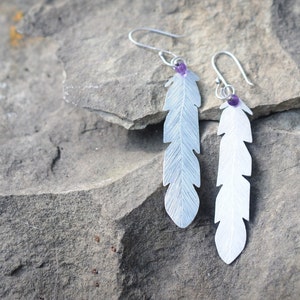 Feather silver earrings with Amethyst stone image 1