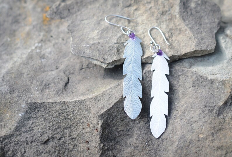 Feather silver earrings with Amethyst stone image 1