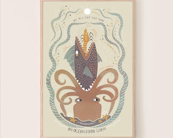 May include: An ocean food chain illustration with a large brown octopus eating a fish. The illustration is surrounded by a green and blue pattern with the text "We all eat the sun" at the top and "An ocean food chain" at the bottom.