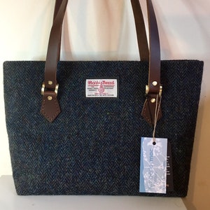 Deep Blue Harris Tweed Tote bag with Leather handles