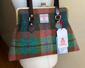 Harris Tweed check Kisslock Handbag with leather handles