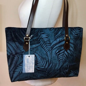 Rich blue large hand printed velvet Tote with leather straps Fern design