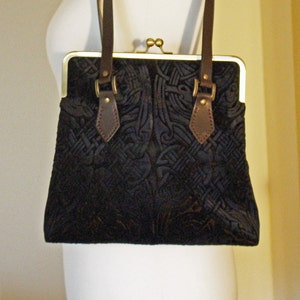 Chocolate Brown Velvet Handbag with a Handprinted Zoomorphic Celtic Design and Leather Handles