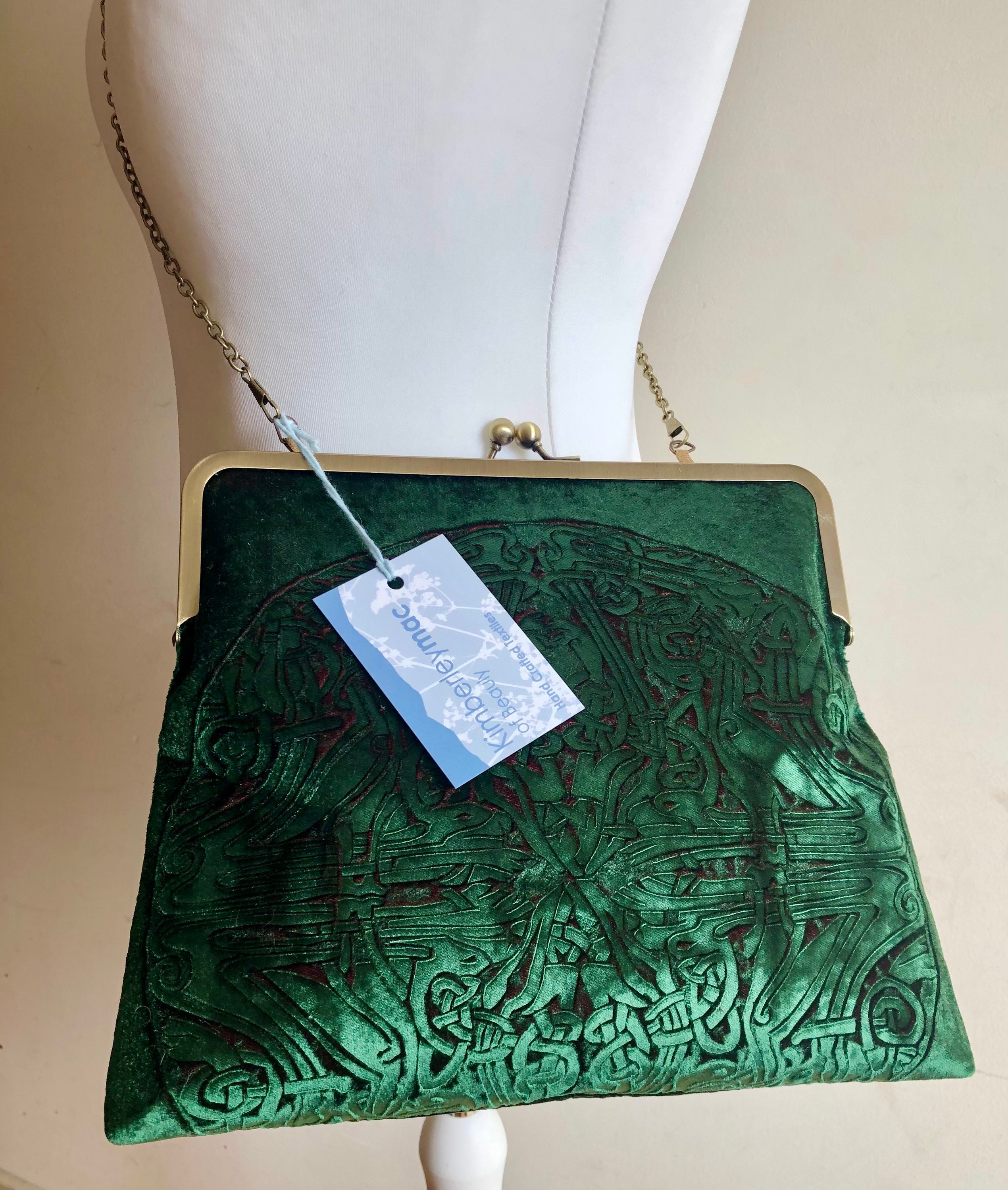 Deep Green Celtic Embossed Velvet Kisslock Handbag Purse