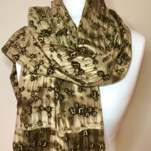 Hand printed velvet safety pin pattern long scarf in a sage gold colour