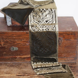 Hand printed embossed velvet scarf  antique gold celtic design