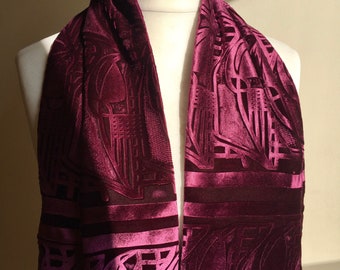 Hand printed aubergine plum velvet scarf with a tulip design by Scottish designer Charles Rennie Mackintosh