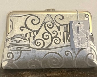 Silver velvet kisslock clutch bag in a Gustav Klimt handprinted design