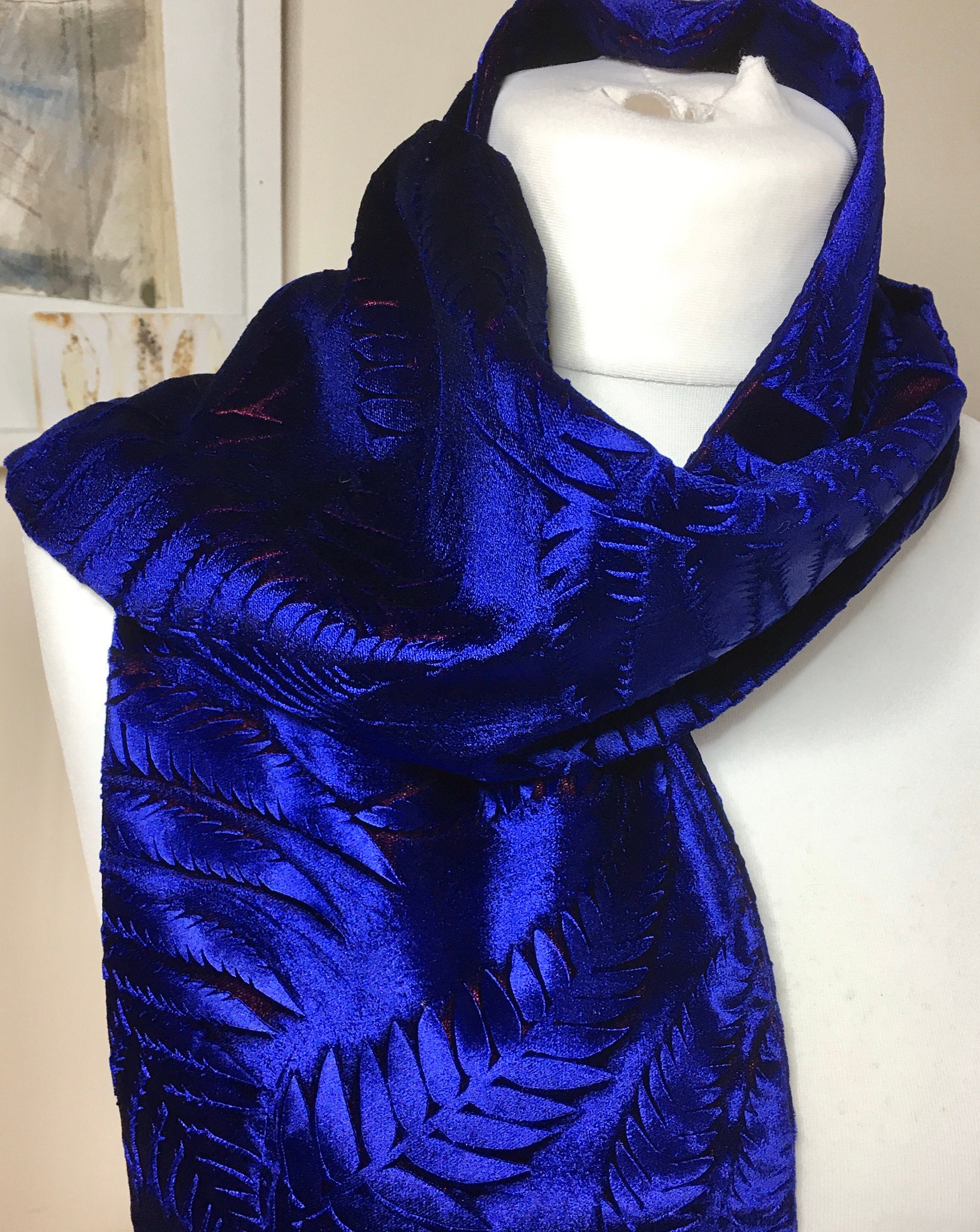 Hand Printed Embossed Velvet Scarf Botanical Fern Design Etsy