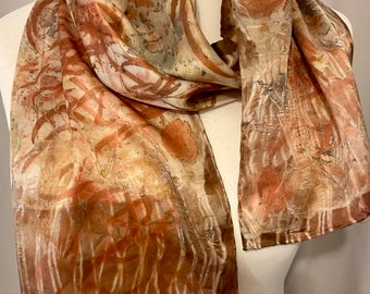 Unique hand ecoprinted Charmeuse silk scarf