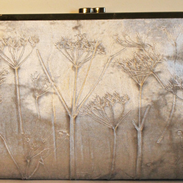 Silver Iridescent Velvet Kisslock Clutch Bag with a Cow Parsley Design