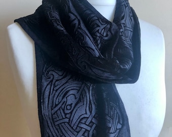 Embossed velvet hand printed celtic knot work scarf in strong blue.