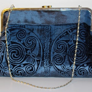 Celtic spirals hand printed design Kisslock Bag in a blue velvet