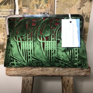 Deep green undershot with red Charles Rennie Mackintosh inspired velvet hand printed clutch bag