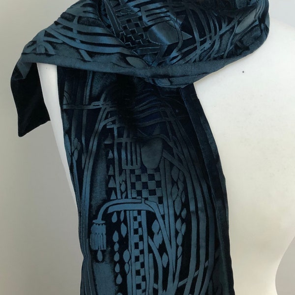 Deep blue hand embossed velvet scarf Charles Rennie Mackintosh Art Nouveau design