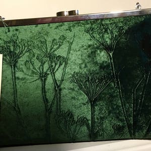 Hand printed clutch bag in a deep bottle green velvet with a cow parsley design