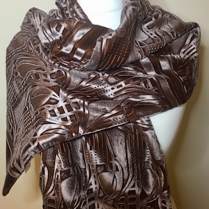 Hand printed Smokey Gold velvet embossed wrap inspired by Charles Rennie Mackintosh.