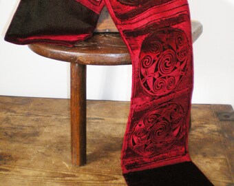 Hand printed embossed crimson red Velvet scarf celtic spiral design