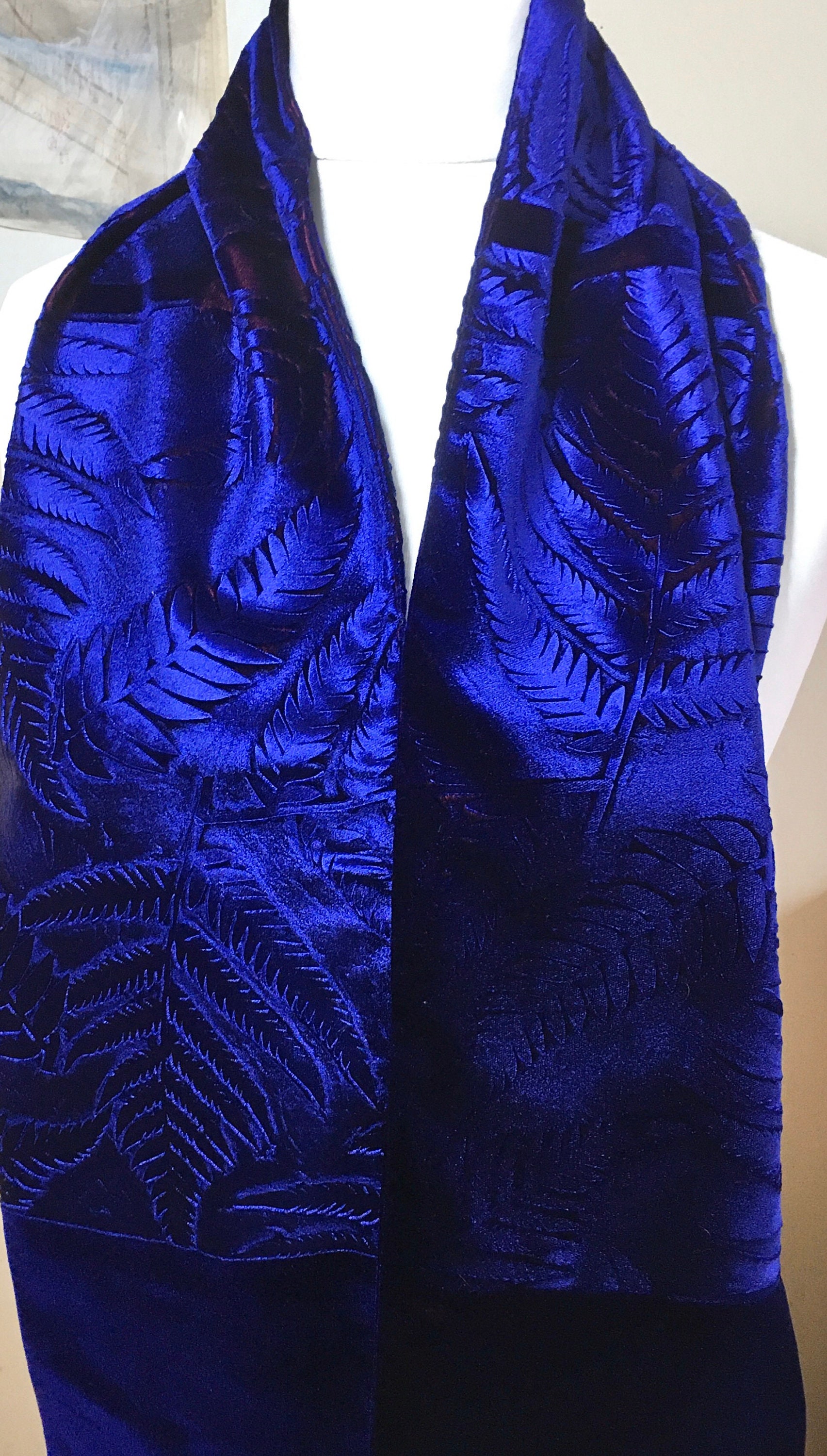Hand Printed Embossed Velvet Scarf Botanical Fern Design Etsy