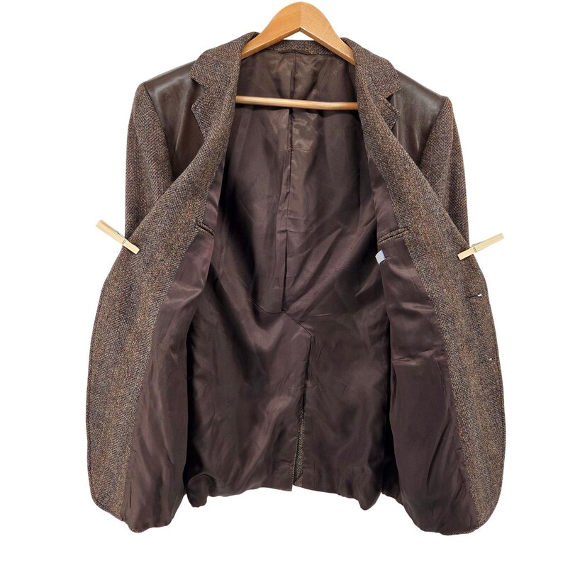 Vintage 80s Union Made Tweed & Leather Sport Coat Blazer Brown Wool USA 46R image 3