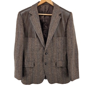 Vintage 80s Union Made Tweed & Leather Sport Coat Blazer Brown Wool USA 46R image 1