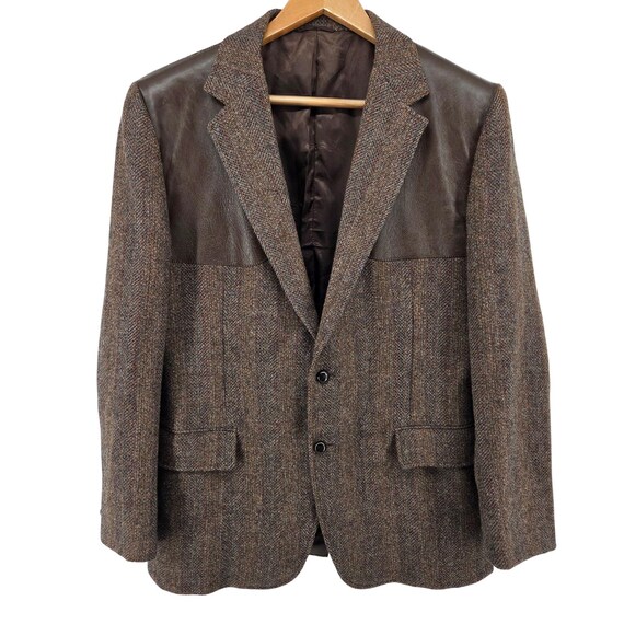 Vintage 80s Union Made Tweed & Leather Sport Coat Blazer Brown Wool USA 46R