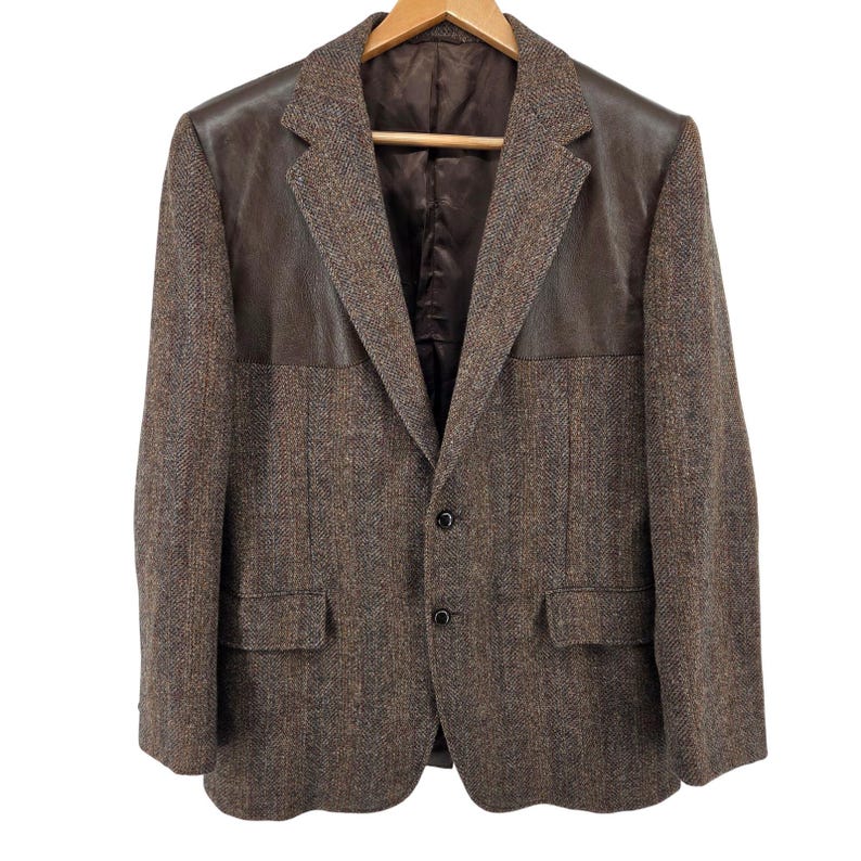 Vintage 80s Union Made Tweed & Leather Sport Coat Blazer Brown Wool USA 46R image 1