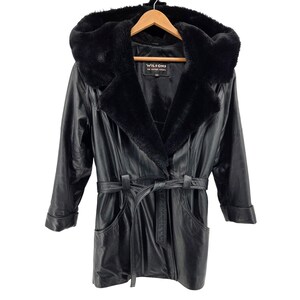 Wilsons Leather Black Hooded Trench Coat Faux Fur Trim Belted Womens XS