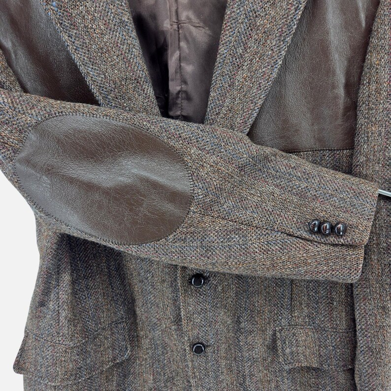 Vintage 80s Union Made Tweed & Leather Sport Coat Blazer Brown Wool USA 46R image 8